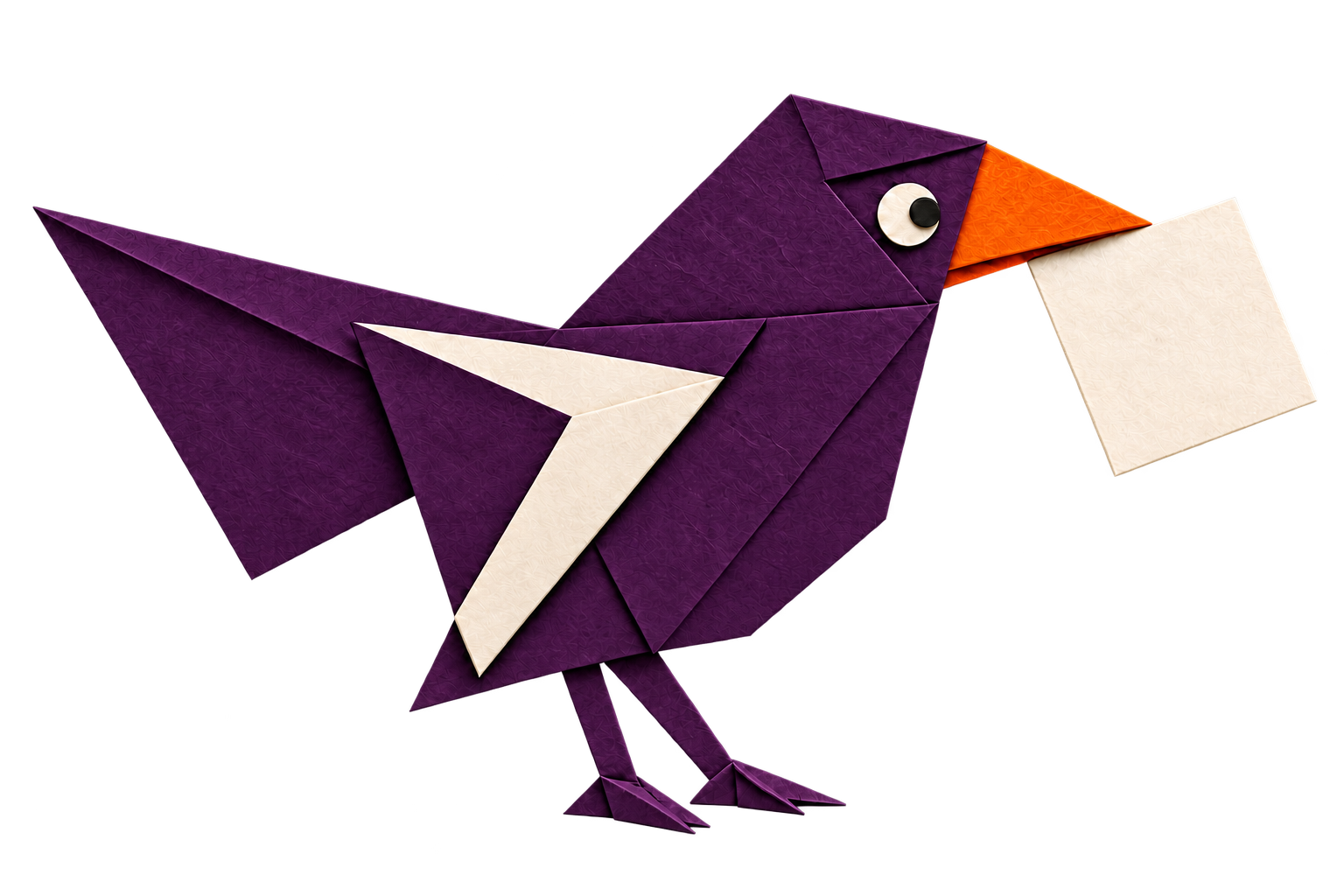 A deep purple folded paper bird with an orange beak carrying a cream note.