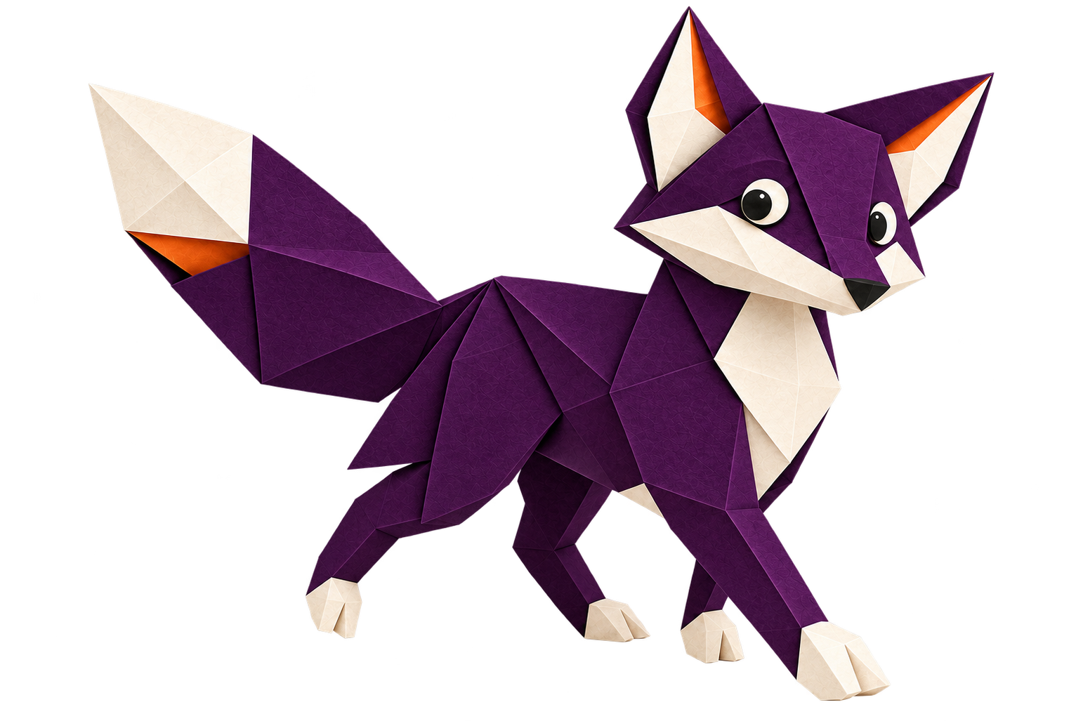 Confident deep purple origami fox striding forward, with cream and orange paper folds.