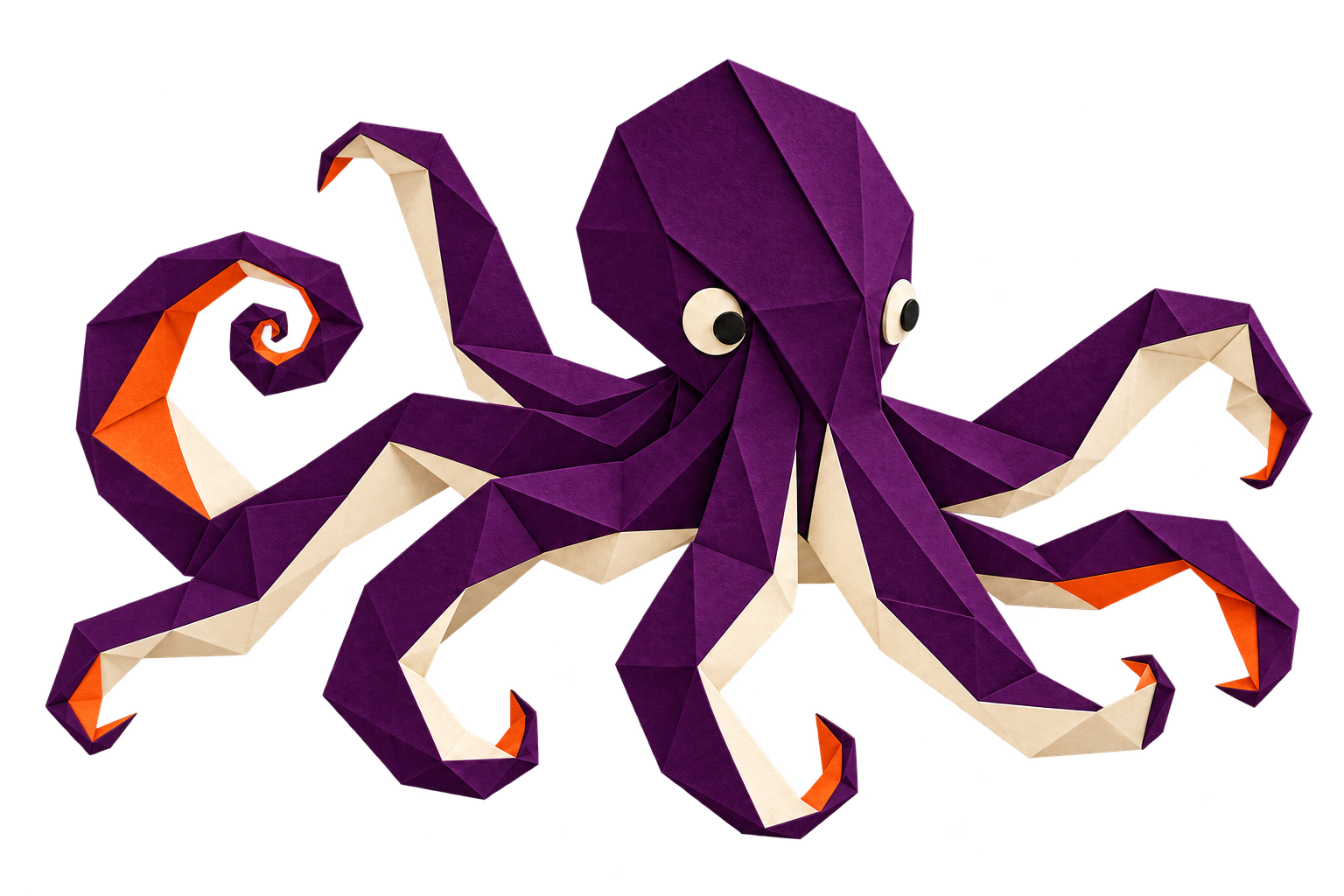 Deep purple origami octopus with eight arms and orange and cream reverse folds.